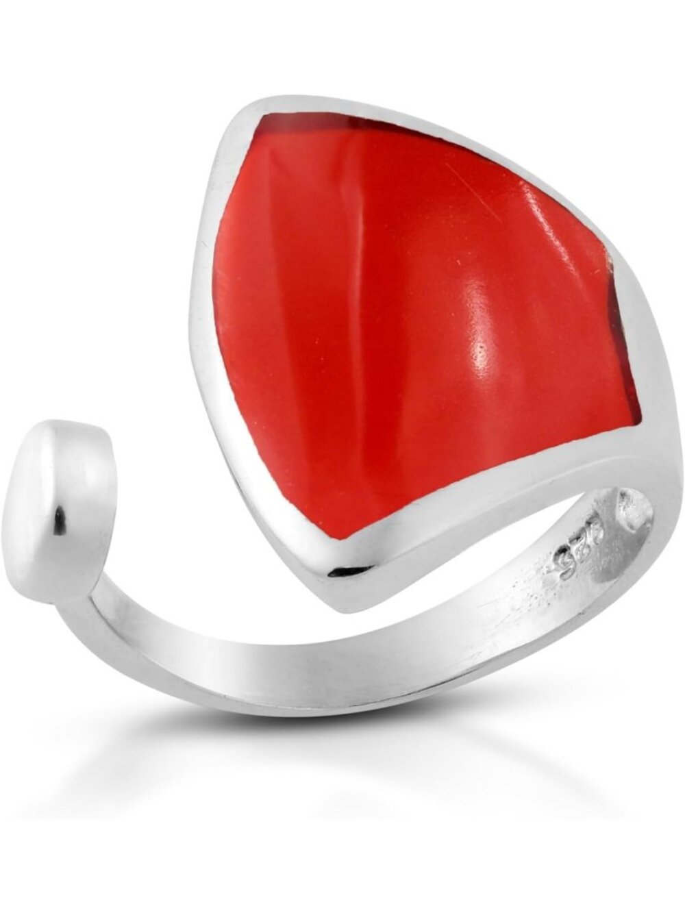 Adjustable 925 Sterling Silver Red Coral Inlay Ring - Modern Statement Jewelry